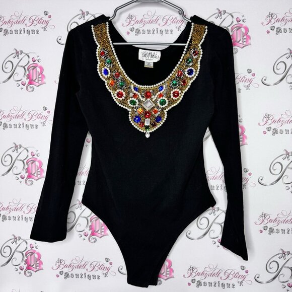 Bob Mackie blouses body suit embroidered jewels diamonds neckline stretchy - Picture 1 of 8